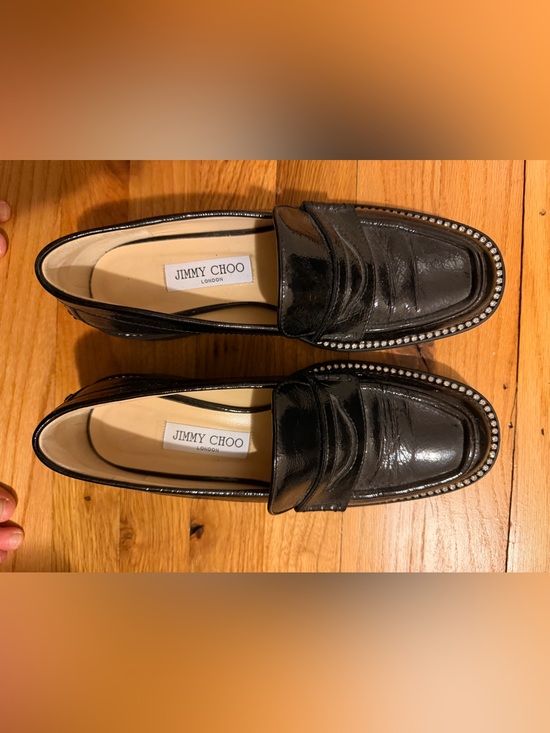 Jimmy Choo Black Patent Leather Penny Loafers with Crystal Trim